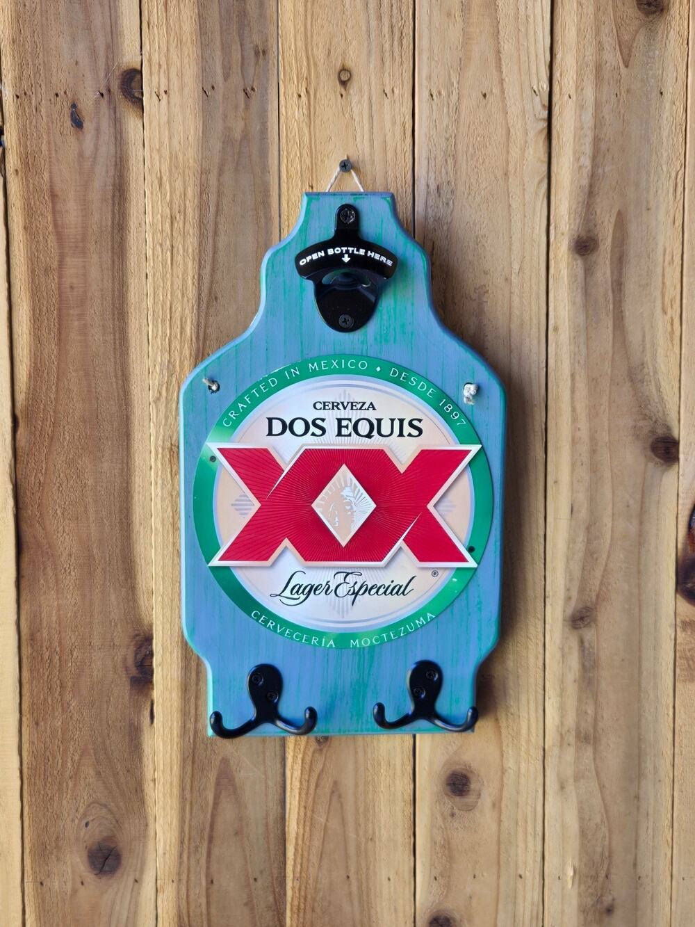 Dos Equis Beer Wall Mount Plaque Vintage Look Solid Wood w Bottle Opener & Hooks